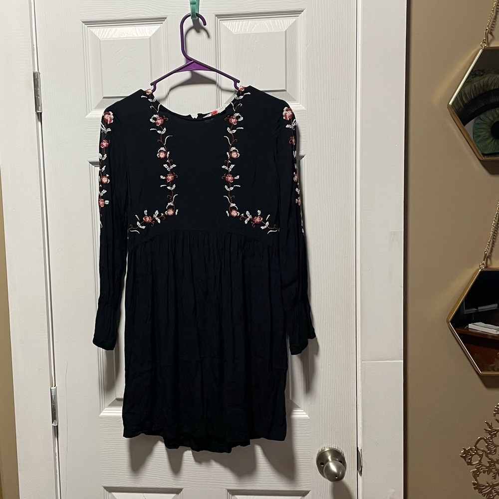 Ann Taylor Loft Womens 0p Slit Sleeve Embroidered Dress A-line Flowers Black